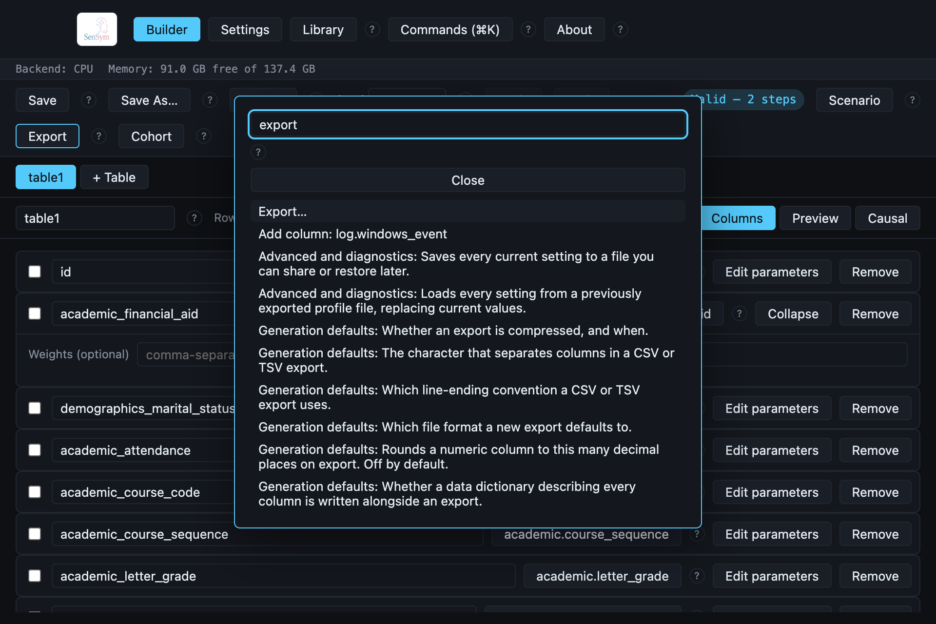 The command palette, searching "export"