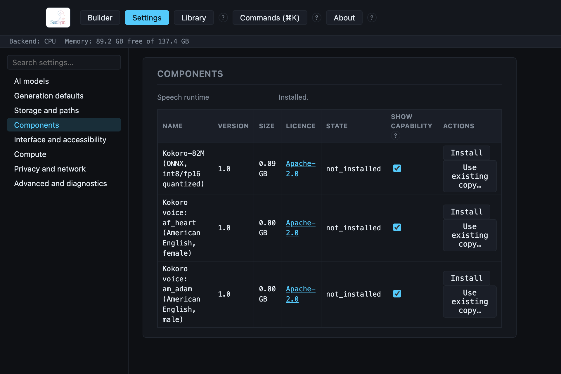 The Components panel's Speech runtime section, installed