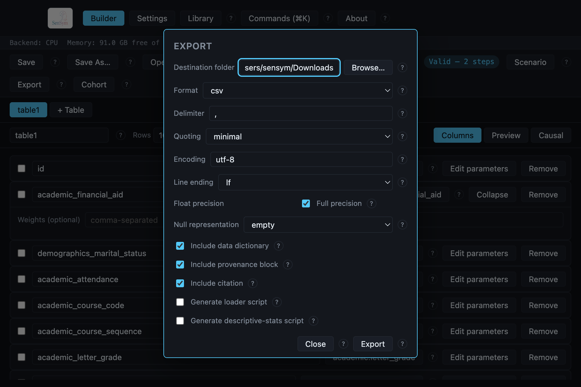The Export dialog