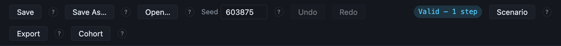 Save, Save As, Open, next to Undo/Redo and the validation status badge