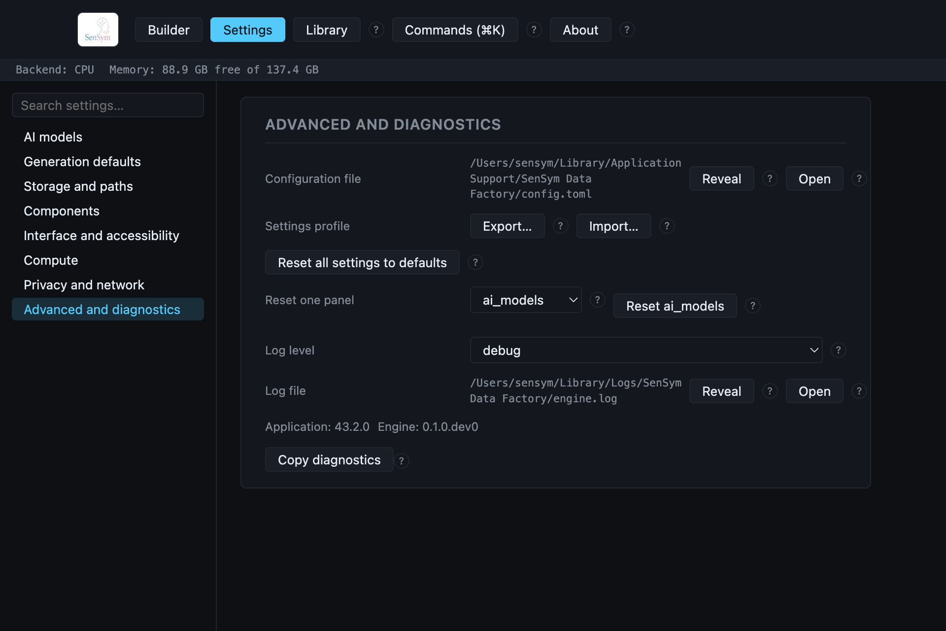 Settings → Advanced and diagnostics: Configuration file location, Settings profile export/import, Reset all settings, Reset one panel, Log level, Log file location, version numbers, and Copy diagnostics