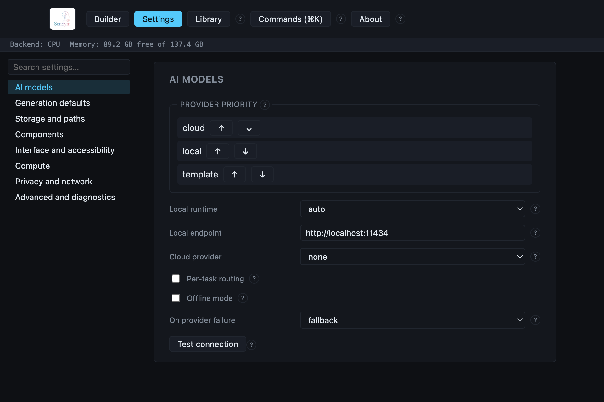 Settings → AI models: provider priority, local runtime/endpoint, cloud provider, and the offline-mode and on-failure controls