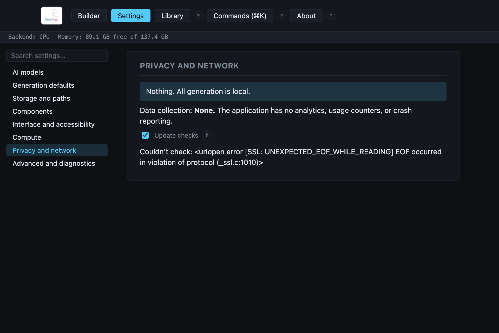 Settings → Privacy and network: "Nothing. All generation is local." Data collection: None. The Update checks toggle.
